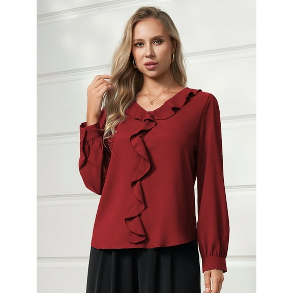 Aiyino Womens Dressy Casual Blouse Business Long Sleeve Tops Ruffle V Neck Work Shirt Fall Shirt 2025,Red L