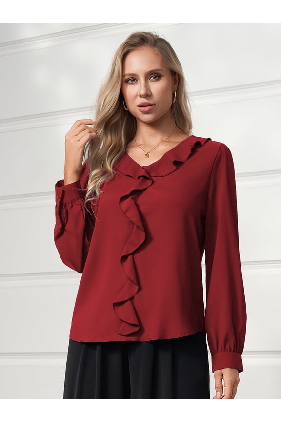 Womens Dressy Casual Blouse Long Sleeve Ruffle V Neck Work Shirt Spring Summer Tops,Red M