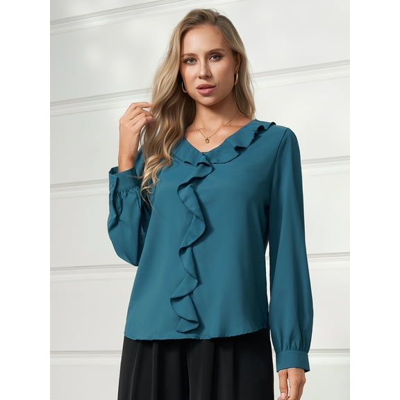 Aiyino Womens Dressy Casual Blouse Business Long Sleeve Tops Ruffle V Neck Work Shirt Fall Shirt 2025,Peacock Blue M