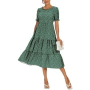 Aiyino Women's Summer Casual Boho Dress Floral Print Ruffle Puff Sleeve High Waist Midi Beach Dresses， 2XL Polka Dot Green