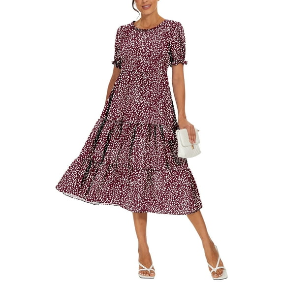 Aiyino Women's Summer Casual Boho Dress Floral Print Ruffle Puff Sleeve High Waist Midi Beach Dresses, XL Polka Dot Red