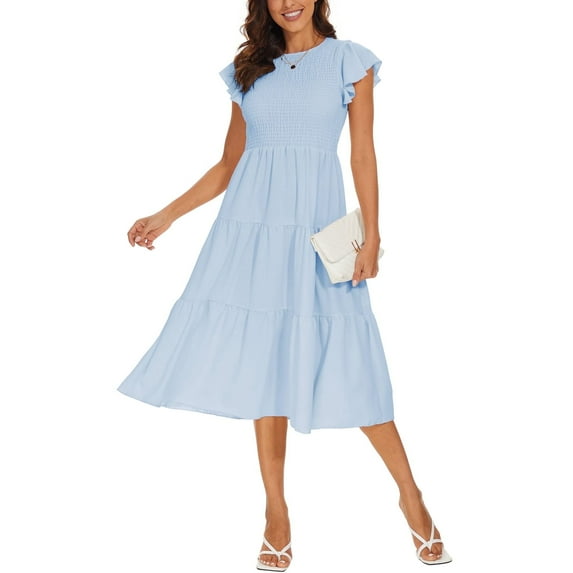 Aiyino Women's Summer Casual Dresses Short Sleeve Elastic Waist Tiered Midi Dress