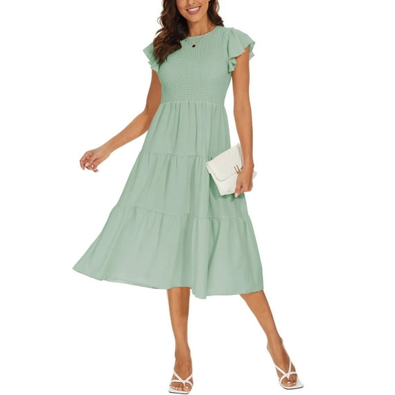 Aiyino Women's Summer Casual Dresses Short Sleeve Elastic Waist Tiered Midi Dress Plus Size,L Green