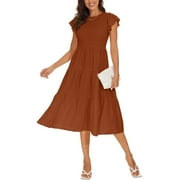 AIYINO Women's Summer Casual Dresses Short Sleeve Elastic Waist Tiered Midi Dress