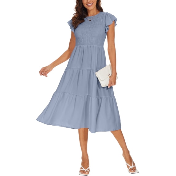 Aiyino Women's Summer Casual Dresses Short Sleeve Elastic Waist Tiered Midi Dress