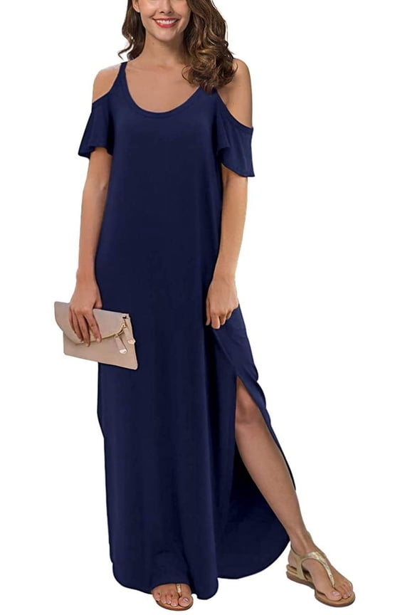 Women's Summer Casual Loose Long Dress Cold Shoulder Short Sleeve Split Maxi Dresses