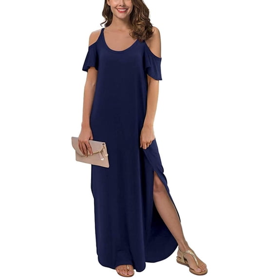 Aiyino Women's Summer Casual Loose Long Dress Cold Shoulder Short Sleeve Split Maxi Dresses