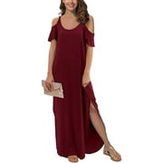 AIYINO Women's Summer Casual Loose Long Dress Cold Shoulder Short Sleeve Split Maxi Dresses