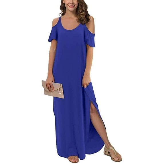 Aiyino Women's Summer Casual Loose Long Dress Cold Shoulder Short Sleeve Split Maxi Dresses