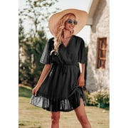 AIYINO Women's Summer Dresses Casual Short Sleeve V Neck Ruffle Leopard Print High Waist Flowy Mini Dress with Belt 2XL,Black