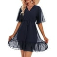 thumbnail image 1 of Aiyino Women's Summer Dresses Casual Short Sleeve V Neck Ruffle Leopard Print High Waist Flowy Mini Dress with Belt M,Navy, 1 of 7
