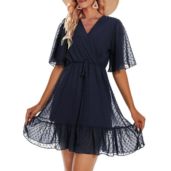 Aiyino Women's Summer Dresses Casual Short Sleeve V Neck Ruffle Leopard Print High Waist Flowy Mini Dress with Belt M,Navy