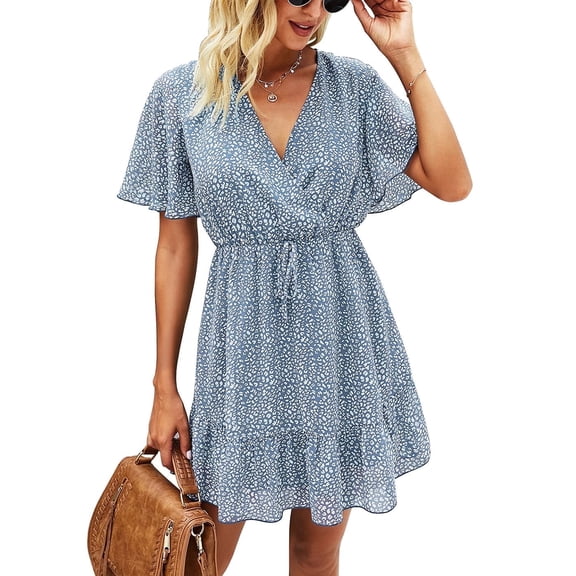 Aiyino Women's Summer Dresses Casual Short Sleeve V Neck Ruffle Leopard Print High Waist Flowy Mini Dress with Belt S,Floral Dark Blue
