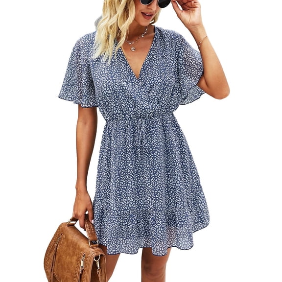 Aiyino Women's Summer Dresses Casual Short Sleeve V Neck Ruffle Leopard Print High Waist Flowy Mini Dress with Belt S,Floral Dark Blue