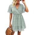 thumbnail image 1 of Aiyino Women's Summer Dresses Casual Short Sleeve V Neck Ruffle Leopard Print High Waist Flowy Mini Dress with Belt XL,Floral Light Green, 1 of 8