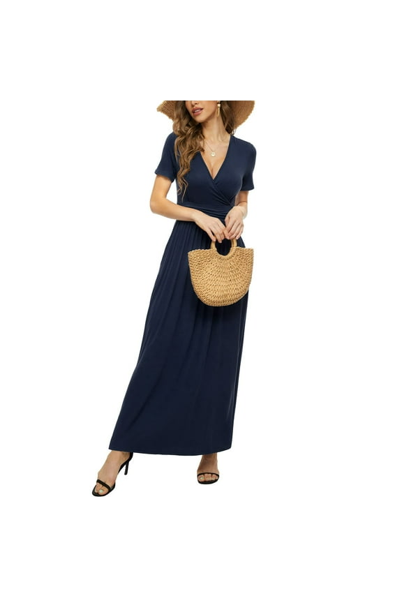 Women's Casual Short Sleeve Deep V Maxi Dress Loose Long Dresses with Pockets,L Navy Blue