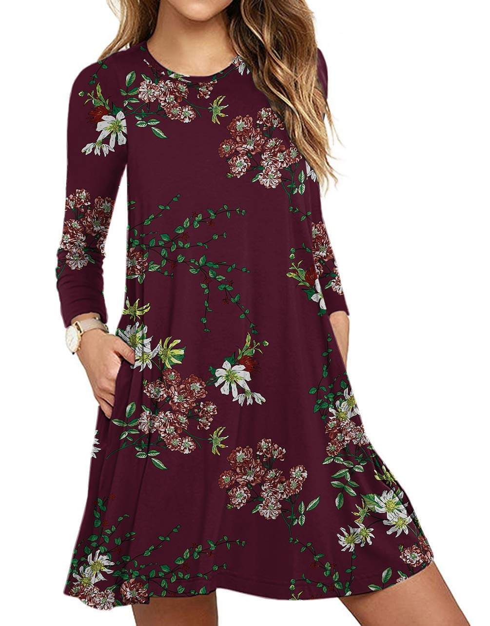 Aiyino Women's TShirt Dresses Long Sleeve Plain Flowy Women Midi Dress