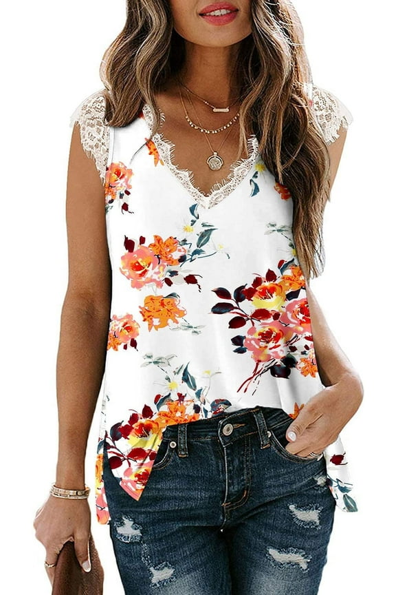 Women's Loose Fit Casual Flowy Tank Tops V Neck Trendy Sleeveless Summer Tops Clothes Outfits Lace Tank Tops Side Split 2025