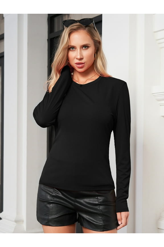Womens Basic Shirts Ribbed Long Sleeve Blouses Crewneck Casual Slim Fitted Knit Tops,Black L