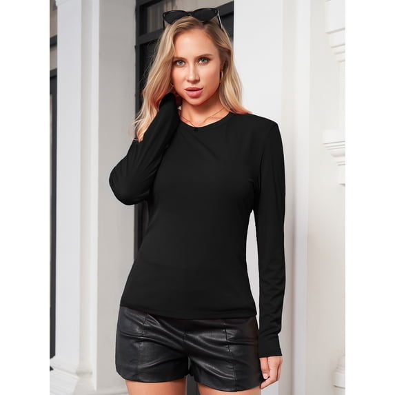 Aiyino Womens Basic Shirts Ribbed Long Sleeve Blouses Crewneck Casual Slim Fitted Knit Tops,Black M