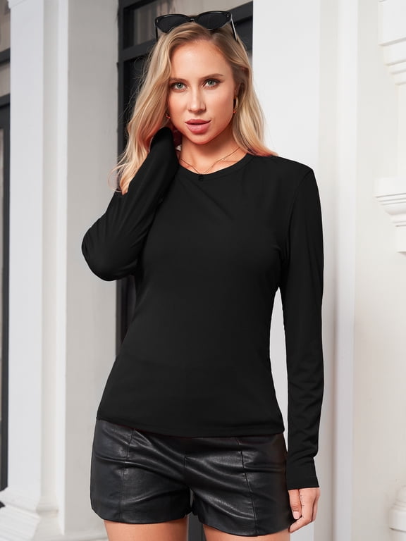 Womens Basic Shirts Ribbed Long Sleeve Blouses Crewneck Casual Slim Fitted Knit Tops,Black M