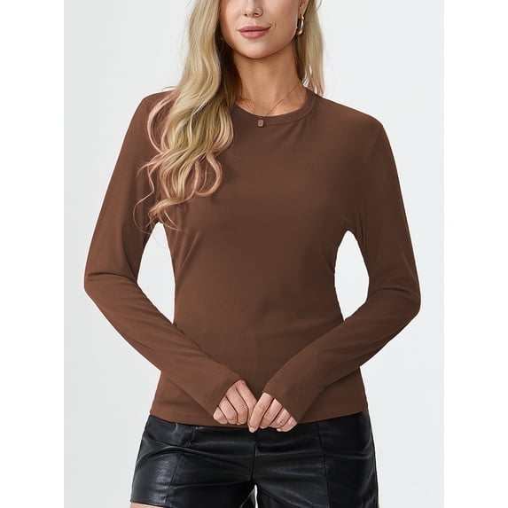 Aiyino Womens Basic Shirts Ribbed Long Sleeve Blouses Crewneck Casual Slim Fitted Knit Tops,Brown S