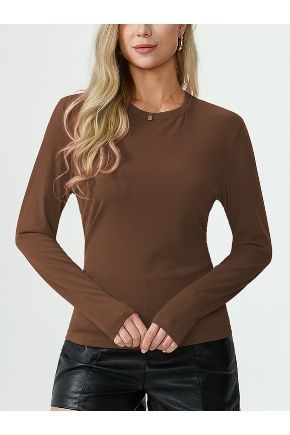 Womens Basic Shirts Ribbed Long Sleeve Blouses Crewneck Casual Slim Fitted Knit Tops,Brown S