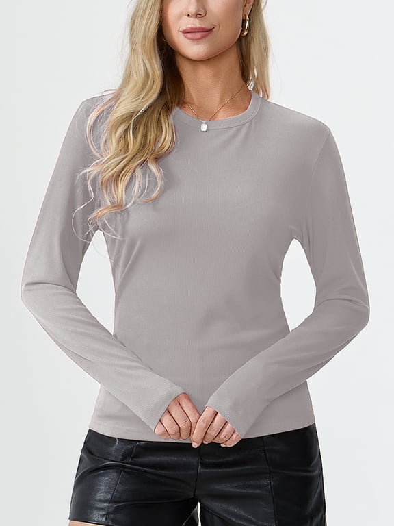 Womens Basic Shirts Blouses Ribbed Long Sleeve Crewneck Casual Slim Fitted Knit Tops,Grey L