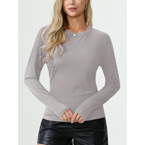 Aiyino Womens Basic Shirts Blouses Ribbed Long Sleeve Crewneck Casual Slim Fitted Knit Tops,Grey XL