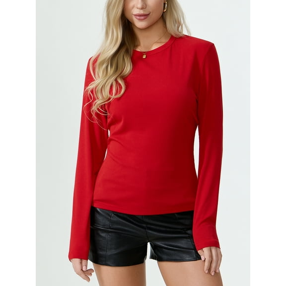 Aiyino Womens Basic Shirts Ribbed Long Sleeve Blouses Crewneck Casual Slim Fitted Knit Tops,Red L