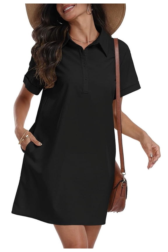 Womens Linen Shirt Dress Summer Casual Short Sleeve Button Down Mini Dresses Beach Cover Up Shirts with Pockets