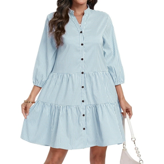 Aiyino Womens Plaid Button Down Shirt Dress V Neck Tunic Dress Pull Sleeve Ruffle Summer Casual Mini Dress