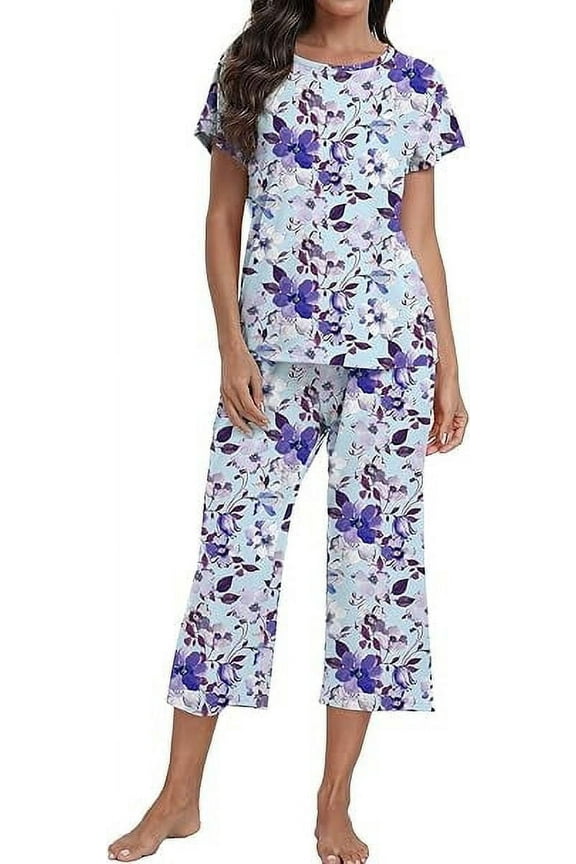 Womens Pyjama Sets Floral Print Short Sleeve Round Neck Sleepwear Top and Pants 2 Piece Lounge Wear Sets with Pockets,M Blue Purple Flower