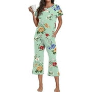 Aiyino Womens Pyjama Sets Floral Print Short Sleeve Round Neck Sleepwear Top and Pants 2 Piece Lounge Wear Sets with Pockets,XL Green Orange Flower