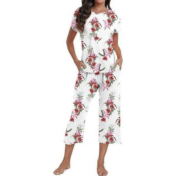 Aiyino Womens Pyjama Sets Floral Print Short Sleeve Round Neck Sleepwear Top and Pants 2 Piece Lounge Wear Sets with Pockets,L Red White Flower