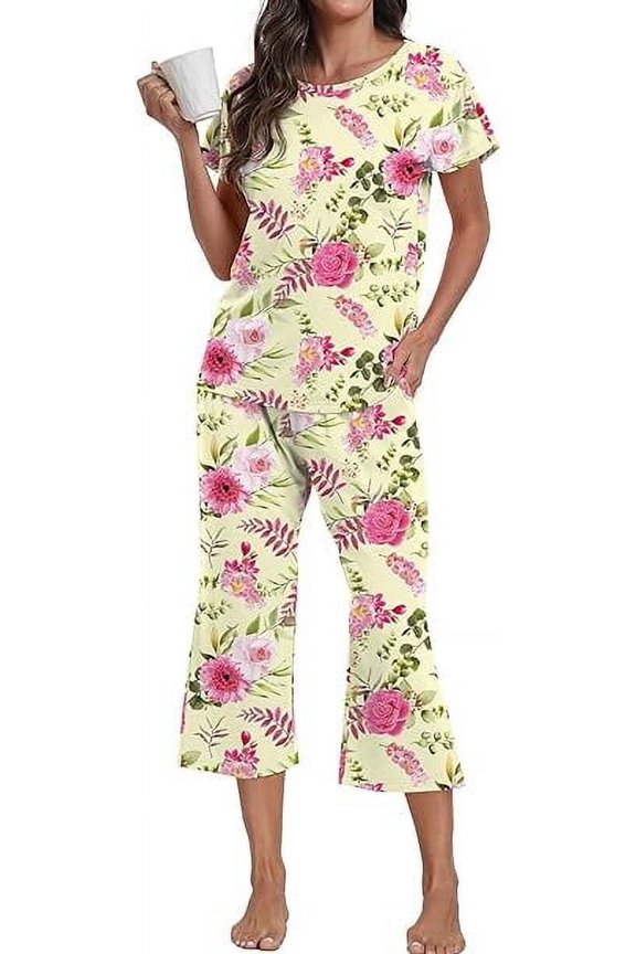 Womens Pyjama Sets Floral Print Short Sleeve Round Neck Sleepwear Top and Pants 2 Piece Lounge Wear Sets with Pockets,S Apricot Pink Flower