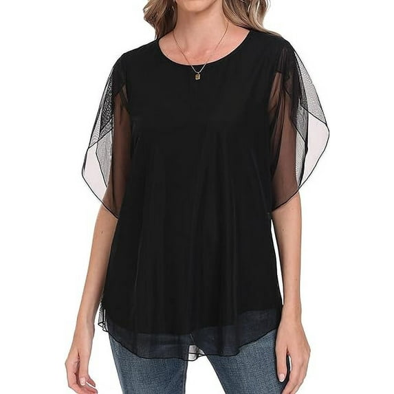 Aiyino Womens Ruffle 3/4 Sleeve Mesh Blouses Loose Flowy Tops Stretchy Shirts,Black