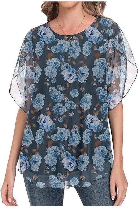 Womens Ruffle 3/4 Sleeve Mesh Blouses Loose Flowy Tops Stretchy Shirts,Floral Grey Blue