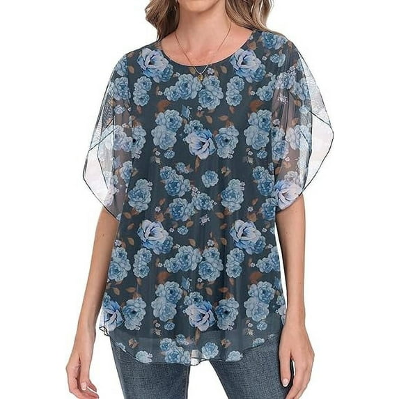 Aiyino Womens Ruffle 3/4 Sleeve Mesh Blouses Loose Flowy Tops Stretchy Shirts,Floral Grey Blue