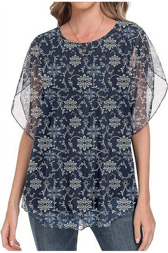Womens Ruffle 3/4 Sleeve Mesh Blouses Loose Flowy Tops Stretchy Shirts,Floral Navy Blue