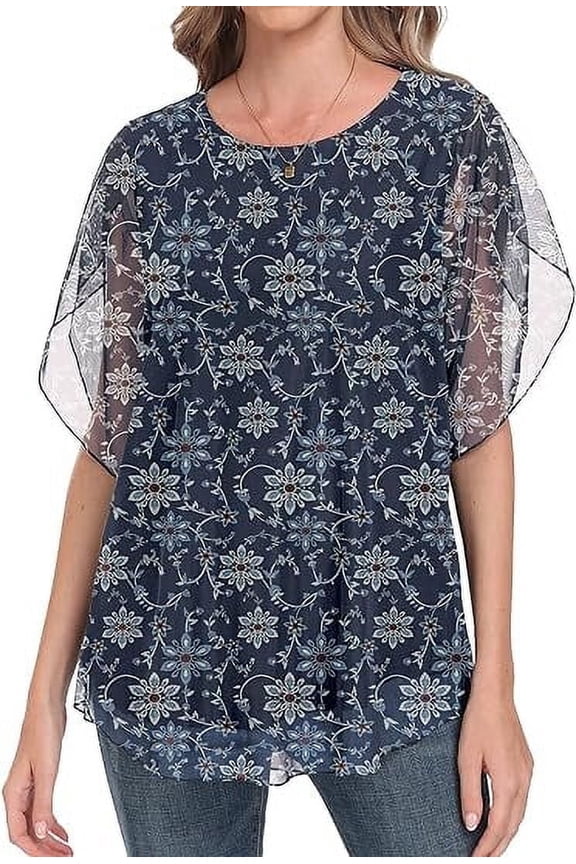 Womens Ruffle 3/4 Sleeve Mesh Blouses Loose Flowy Tops Stretchy Shirts，Floral Navy Blue