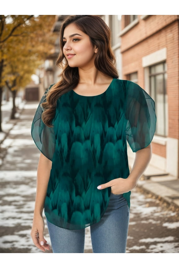 Womens Ruffle 3/4 Sleeve Mesh Blouses Plus Size Loose Flowy Tops Stretchy Shirts,Peacock Blue M