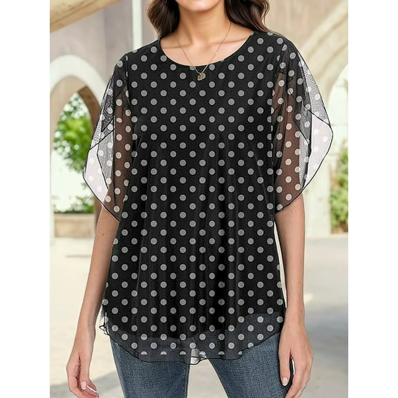 Aiyino Womens Ruffle 3/4 Sleeve Mesh Maxi Blouses Loose Flowy Tops Stretchy Shirts，Polka Dot Black,XL