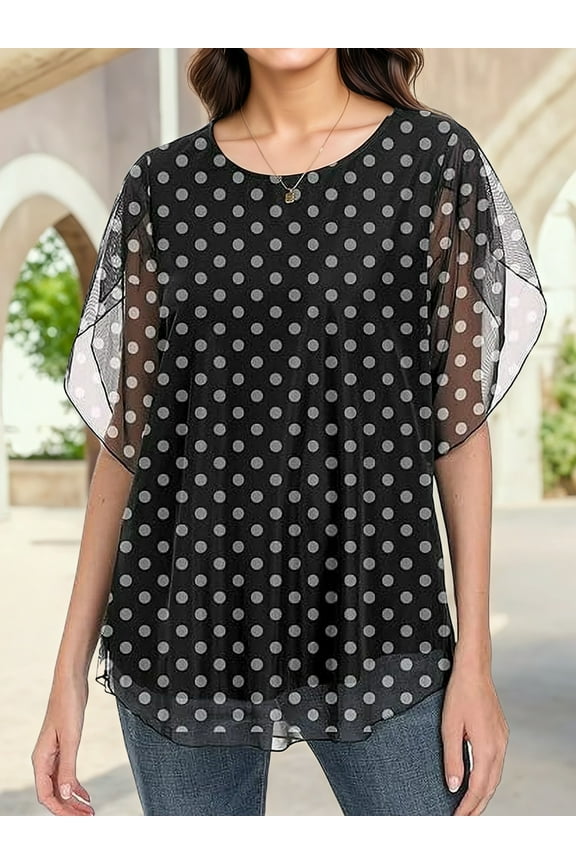 Womens Ruffle 3/4 Sleeve Mesh Maxi Blouses Loose Flowy Tops Stretchy Shirts，Polka Dot Black,XL