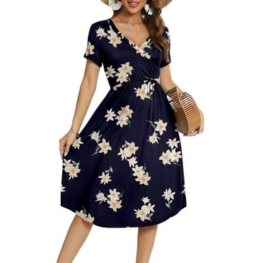 Aiyino Women's Short Sleeve V-neck Casual Dress Printed Pattern Pleated Loose Flowy Midi Dress With Pocket