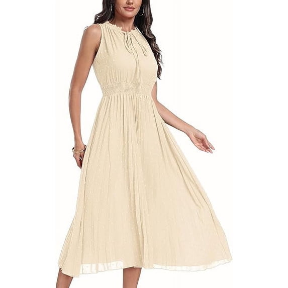 Aiyino Womens Summer Maxi Dress Casual Round Neck Ruffle Hem Sleeveless Elastic High Waist A Line Solid Color Dresses for Multiple Scenes Daily, Party, Bar, Tourism, Seaside,S Apricot