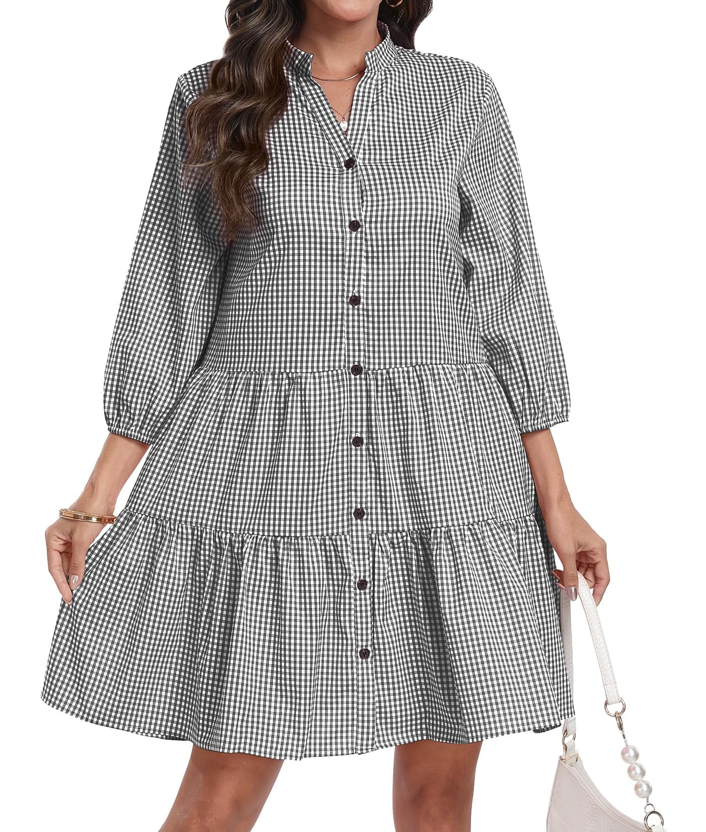 Women's Stain Long Sleeve Dress Button Down Shirts Tunic Dresses Casual V-Neck Mini Dress with Belt