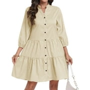 AIYINO Womens Plaid Button Down Shirt Dress V Neck Tunic Dress Pull Sleeve Ruffle Summer Casual Mini Dress