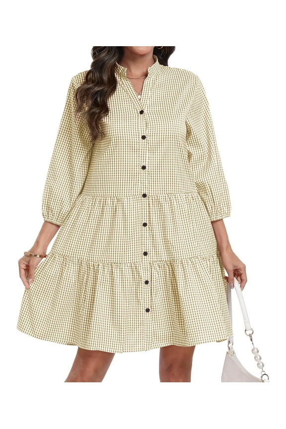 Womens Plaid Button Down Shirt Dress V Neck Tunic Dress Pull Sleeve Ruffle Summer Casual Mini Dress