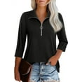 thumbnail image 1 of Aiyino Womens Tops Casual 3/4 Length Sleeve V Neck Shirts and Blouses Zipper Collar Women Polo Shirts,Black 2XL, 1 of 9